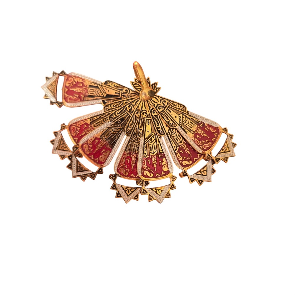 Vtg Spanish Damascene Folding Fan Brooch Pendant Gold Red Enamel Toledo Spain